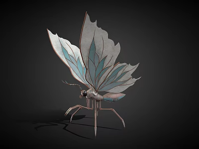 Metallic Insect Sculpture With Leaf Shaped Wings And Blue White Patterns On Dark Background 3d model