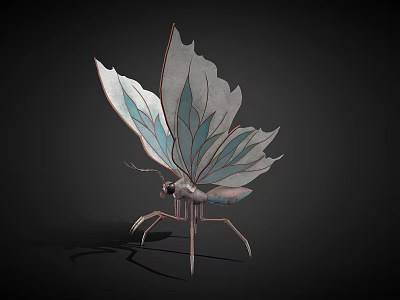 Metallic Insect Sculpture With Leaf Shaped Wings And Blue White Patterns On Dark Background 3d model