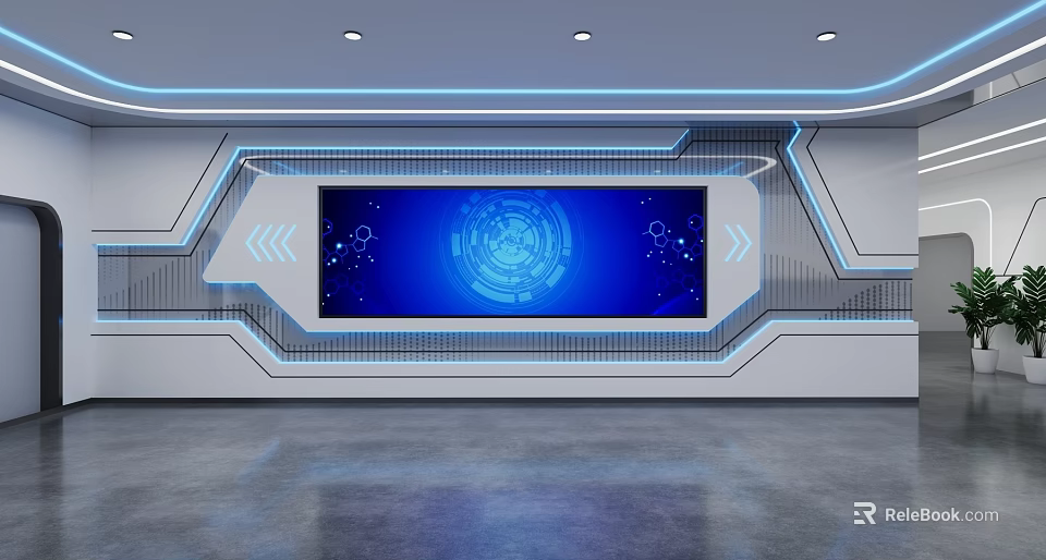 Futuristic Tech Interior With Blue Digital Screen And Geometric Lighting Design 3d model 