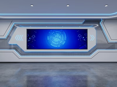 Futuristic Tech Interior With Blue Digital Screen And Geometric Lighting Design 3d model