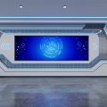 Futuristic Tech Interior With Blue Digital Screen And Geometric Lighting Design