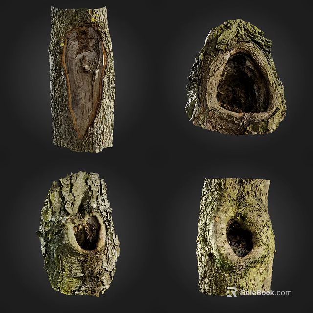 Natural Wood Stone Decorative Tree Stump Pieces With Textured Holes And Sections 3d model 