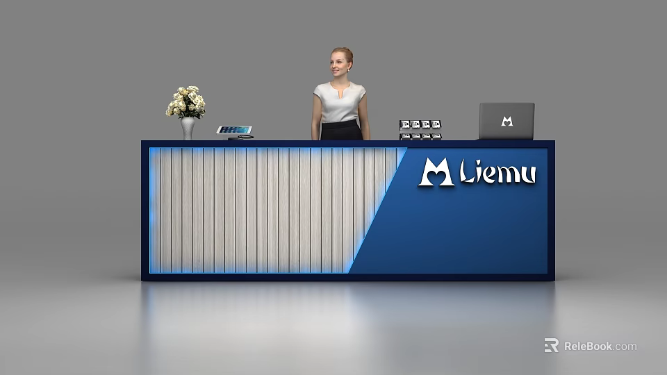 Modern Blue White Reception Desk With Flower Vase Laptop Phone And Staff At Liemu Front 3d model 