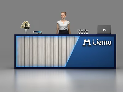 Modern Blue White Reception Desk With Flower Vase Laptop Phone And Staff At Liemu Front 3d model