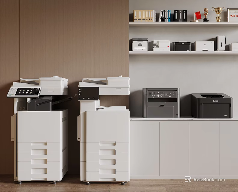 Modern Office Appliances Setup With Multifunction Printers And Desktop Printers On Cabinets 3d model 