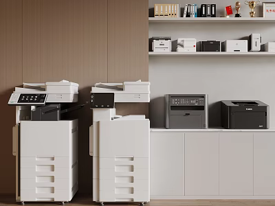 Modern Office Appliances Setup With Multifunction Printers And Desktop Printers On Cabinets 3d model