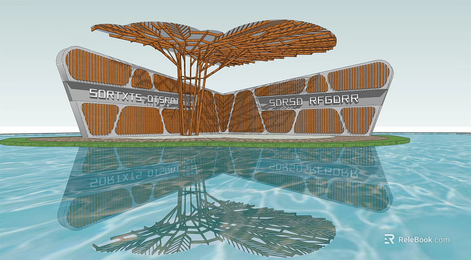 Modern Landscape Pavilion Featuring Curved Wooden Structure And Water Reflection In Outdoor Design 3d model 