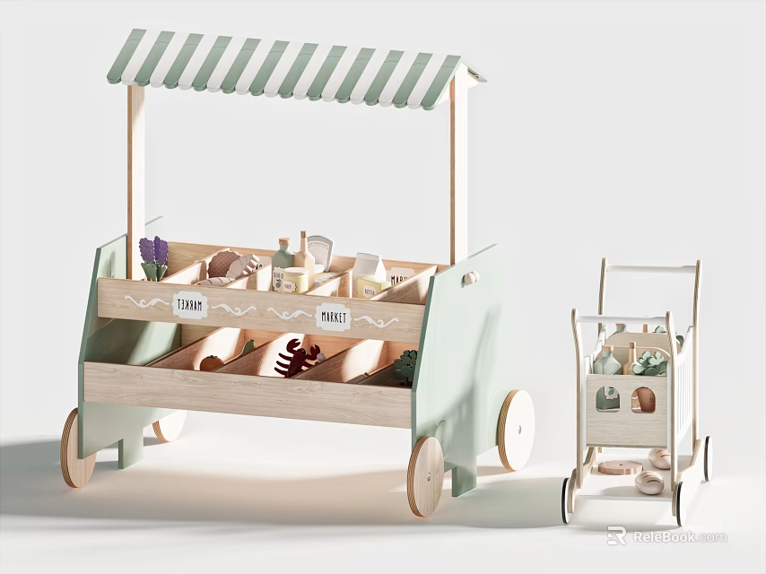 Toy Market Cart With Awning And Mini Trolley Set 3d model 