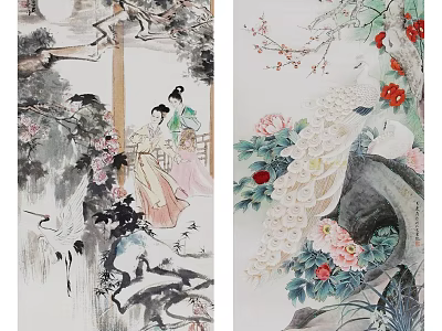 Traditional Chinese Painting Artworks With Female Figures Cranes Peacock And Peonies 3d model