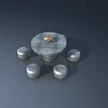 Round Stone Table With Fruit Platter And Four Matching Stone Stools 3d model