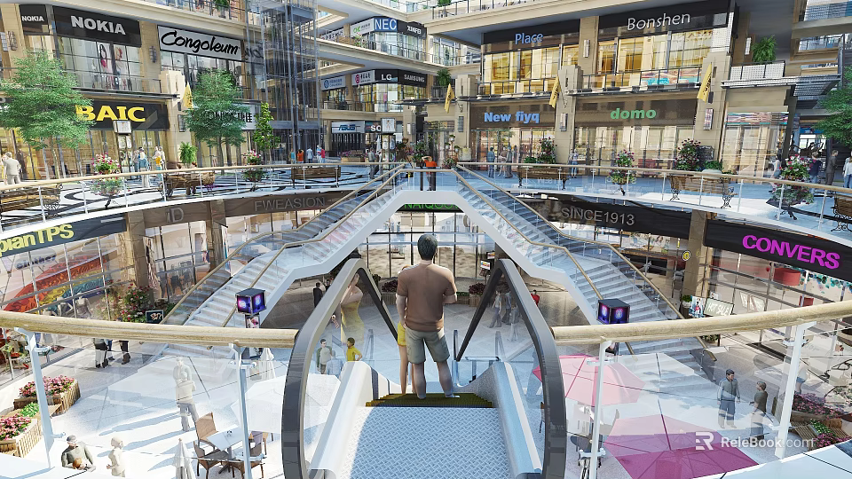 Shopping Mall Atrium Interior Featuring Escalators Multi Floor Shops Green Plants And Lighting 3d model