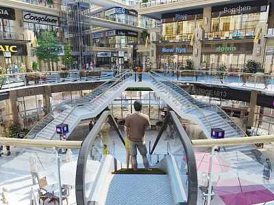 Shopping Mall Atrium Interior Featuring Escalators Multi Floor Shops Green Plants And Lighting 3d model