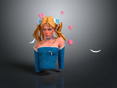 Blonde Girl In Blue Off Shoulder Top With Flowers And Pink Spheres Crescent Moons 3d model