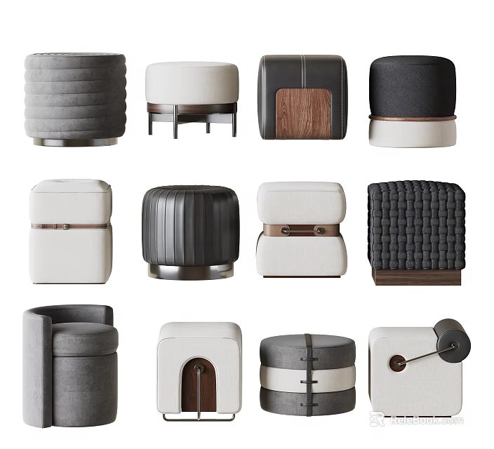 Various Modern Ottoman Designs With Upholstered Fabric Leather Stitching And Wooden Accents 3d model 