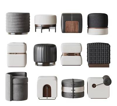 Various Modern Ottoman Designs With Upholstered Fabric Leather Stitching And Wooden Accents 3d model