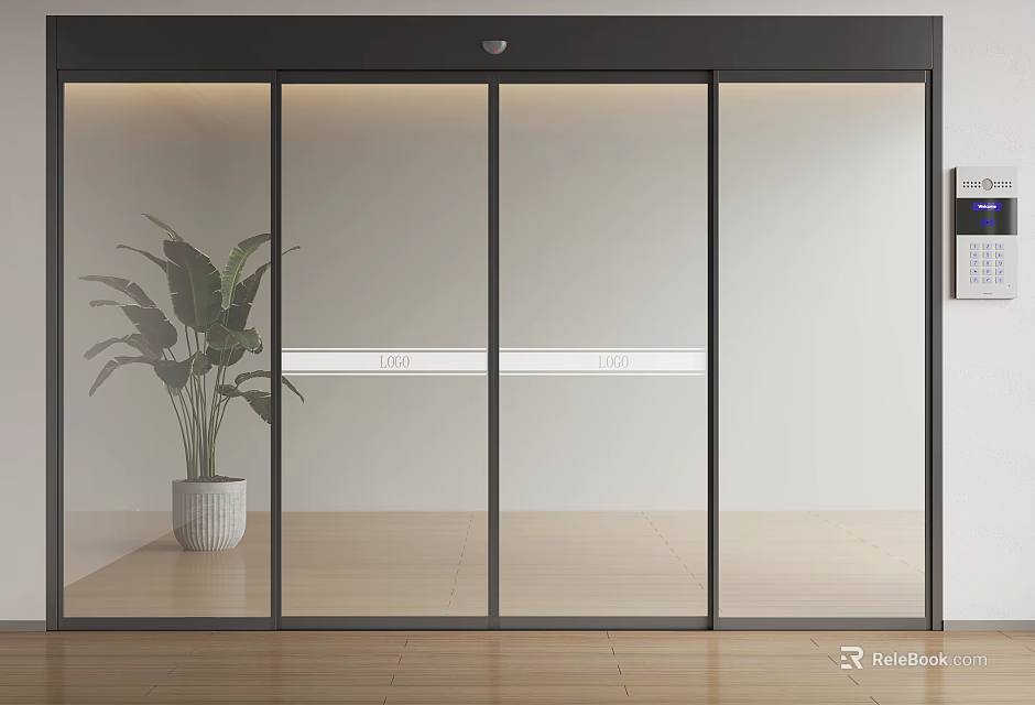 Modern Glass Sliding Door In Bright Interior With Potted Plant And Wooden Floor 3d model 