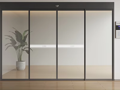 Modern Glass Sliding Door In Bright Interior With Potted Plant And Wooden Floor 3d model