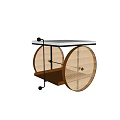 Stylish Wheeled Side Table With Woven Rattan Wheels Marble Top And Wooden Shelf