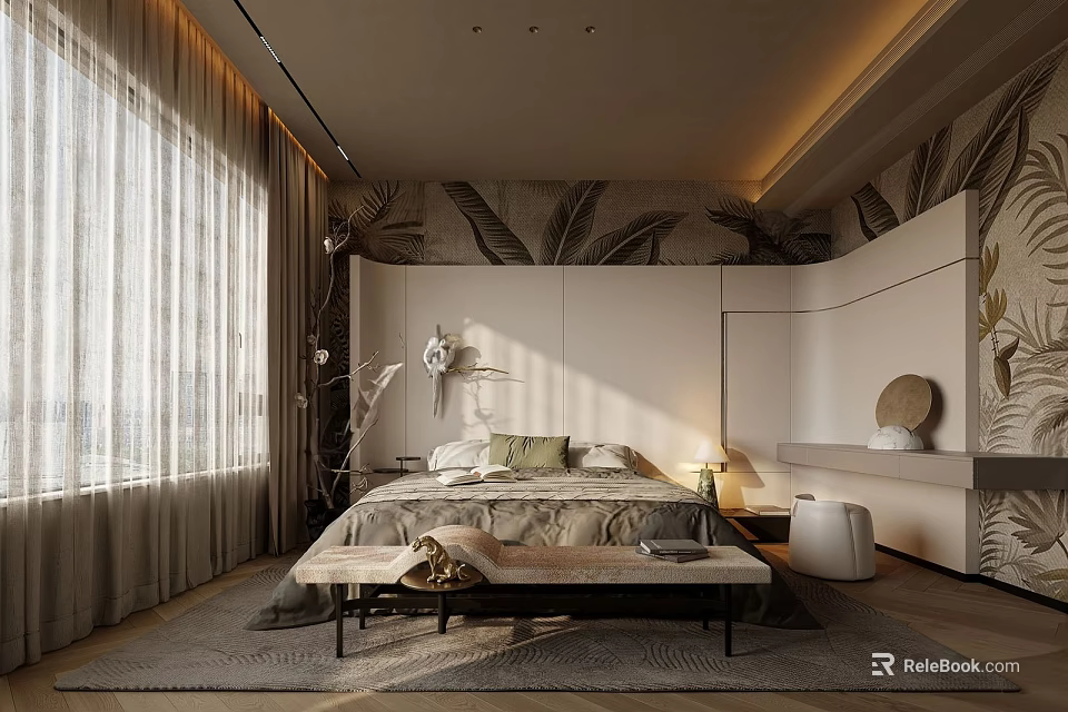 Modern Bedroom Interior With Tropical Leaf Murals Light Curtains Large Bed And Green Beige Pillows 3d model 