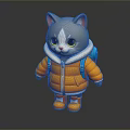 Cute Gray Cartoon Cat Wearing Orange Coat And Blue Backpack Standing On Dark Background