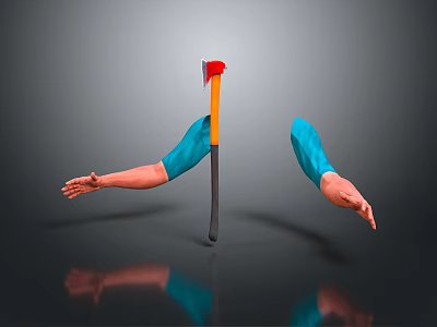 Creative Axe With Blue Sleeved Arms Stretched On Gray Background With Reflection 3d model