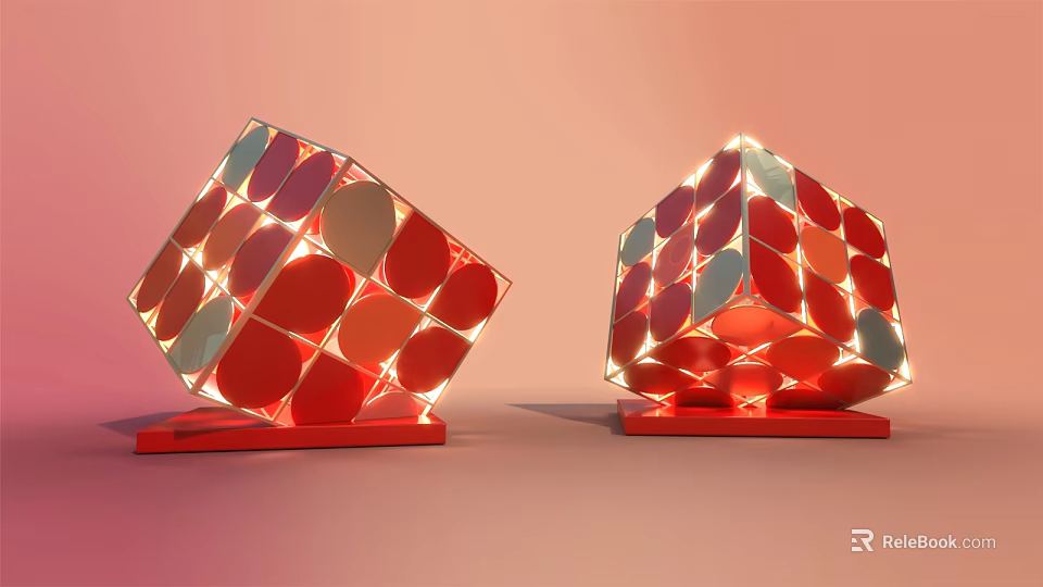 Cube Shaped Lamps With Colorful Circular Patterns Red Base And Pink Background 3d model 