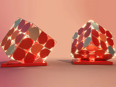 Cube Shaped Lamps With Colorful Circular Patterns Red Base And Pink Background 3d model
