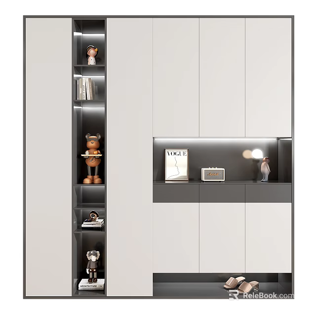 Modern Shoe Cabinet Design With Sleek Storage Shelves And Decorative Figurines 3d model 