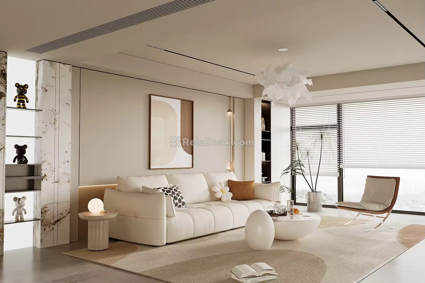 Modern Cream Style Sofa Coffee Table Combination Fabric Sofa Mother and Mother Coffee Table Pillow Decorative Painting Single Person Sofa 3d model