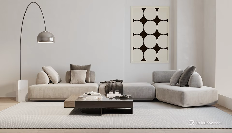 Modern Light Gray Sectional Sofa With Coffee Table Decorative Wall Art And Floor Lamp 3d model