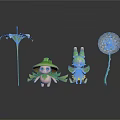 Plant Themed Cartoon Characters With Green Hats White Flower And Dandelion Sphere