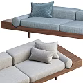 Modern Double Sofa With Light Blue Linen Upholstery Light Gray Cushions Wooden Base And Pillows