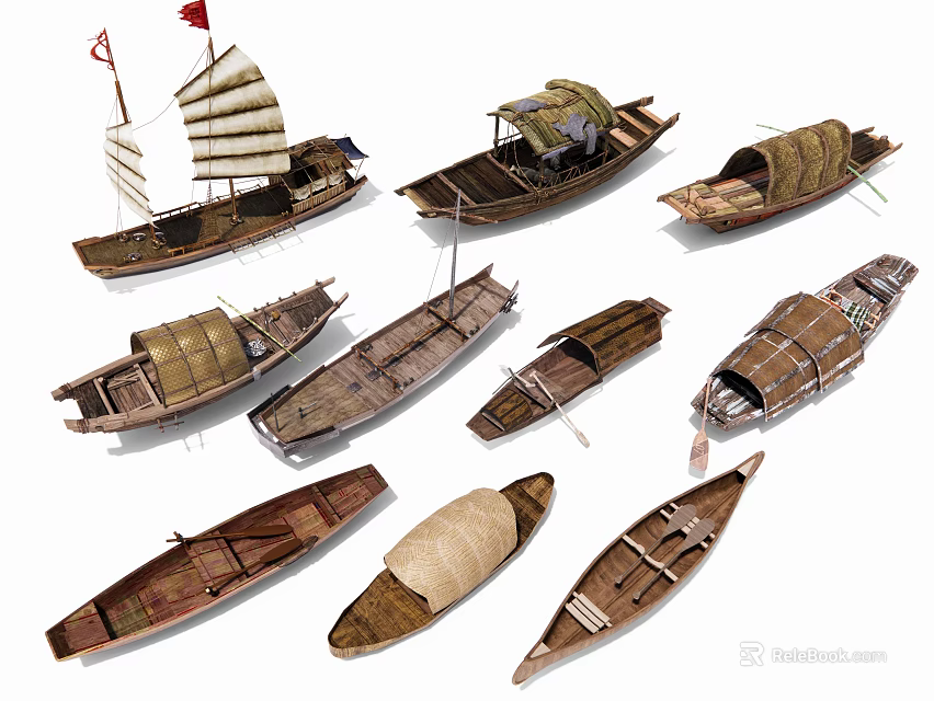 Traditional Wooden Boats Collection With Various Classic Designs And Sailing Features 3d model 