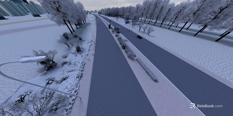 Snowy Road Infrastructure With Trees On Both Sides Vehicles Green Belts And Guardrails 3d model 