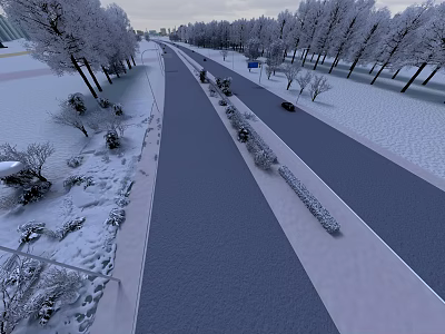 Snowy Road Infrastructure With Trees On Both Sides Vehicles Green Belts And Guardrails 3d model