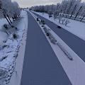 Snowy Road Infrastructure With Trees On Both Sides Vehicles Green Belts And Guardrails