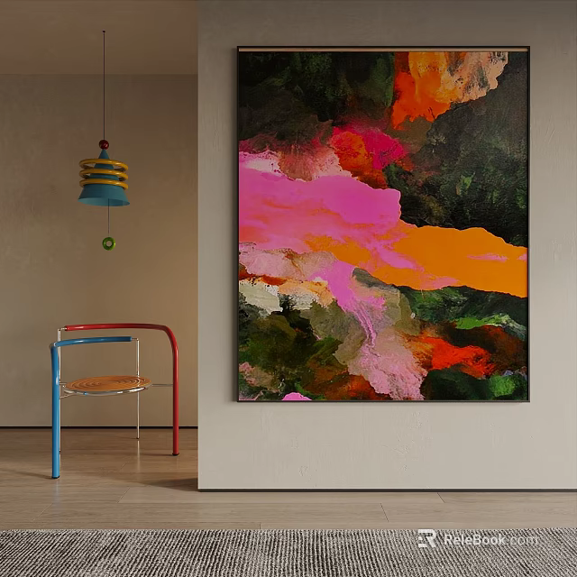 Vibrant Pink Orange Green Abstract Landscape Painting in Modern Interior 3d model 