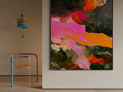 Vibrant Pink Orange Green Abstract Landscape Painting in Modern Interior 3d model