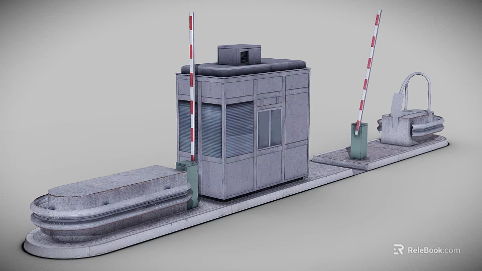 Gray Concrete Security Booth With Red And White Barriers And Small Windows 3d model