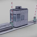 Gray Concrete Security Booth With Red And White Barriers And Small Windows 3d model