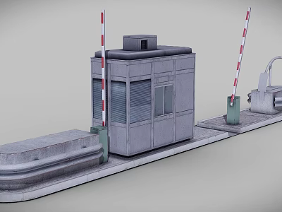 Gray Concrete Security Booth With Red And White Barriers And Small Windows 3d model