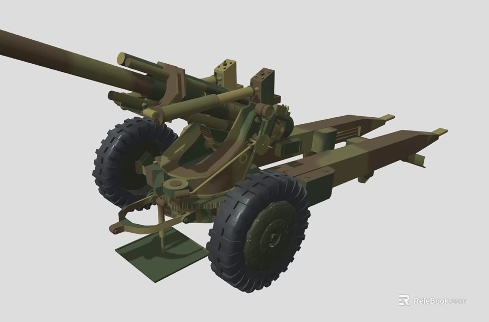 Field Wheeled Artillery Weapon With Long Barrel And Military Green Metal Carriage 3d model 