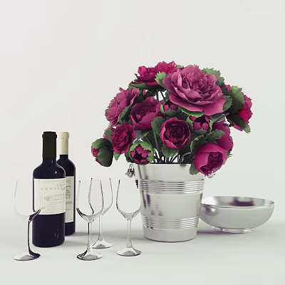 Elegant Wine Bottles And Glasses With Silver Bucket Deep Red Roses And Bowl 3d model