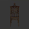 Antique Wooden Armchair With Intricate Carved Backrest Ornate Armrests And Decorative Spire Top