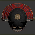 Traditional Japanese Samurai Weapon Helmet With Decorative Metal Ear Guards And Red Gold Ornaments
