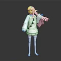 Game Movie Character White Outfit Purple Hair Long Socks White Shoes Open Arms Gray Background