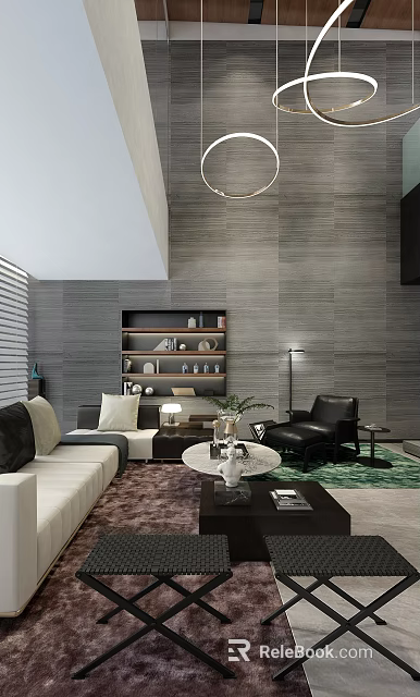 Modern Minimalist Living Room With Textured Grey Wall And Cozy Full Set Of Home Furniture 3d model 