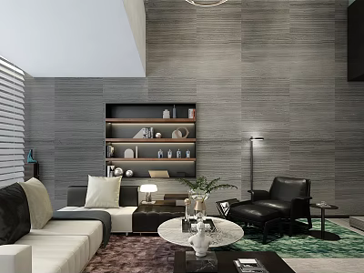 Modern Minimalist Living Room With Textured Grey Wall And Cozy Full Set Of Home Furniture 3d model