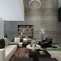 Modern Minimalist Living Room With Textured Grey Wall And Cozy Full Set Of Home Furniture