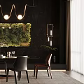 Elegant Modern Restaurant Interior Design With Green Plant Wall Dining Table And Pendant Lights